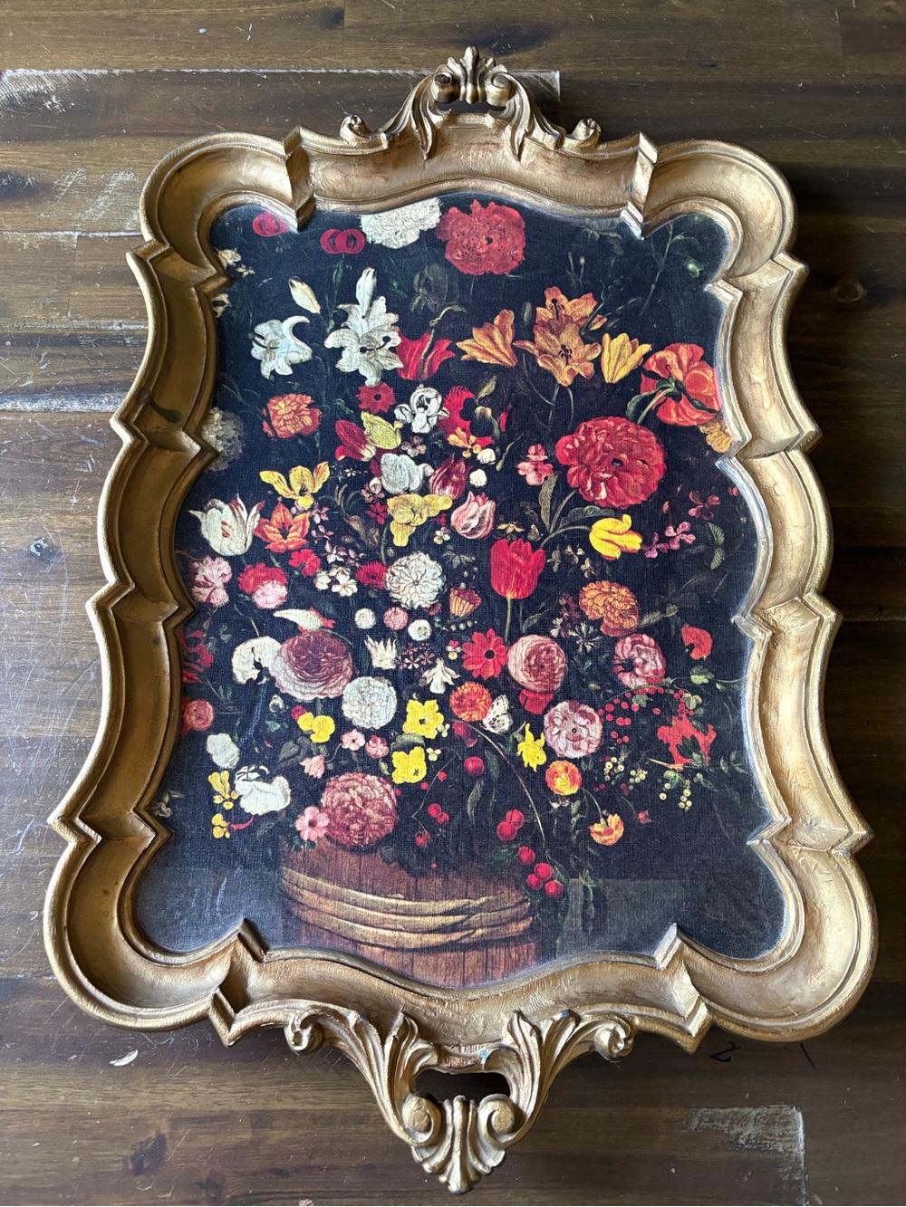 Vintage Florentine Floral Bouquet Tray Made in Italy Ornate Gold Still Life Larg